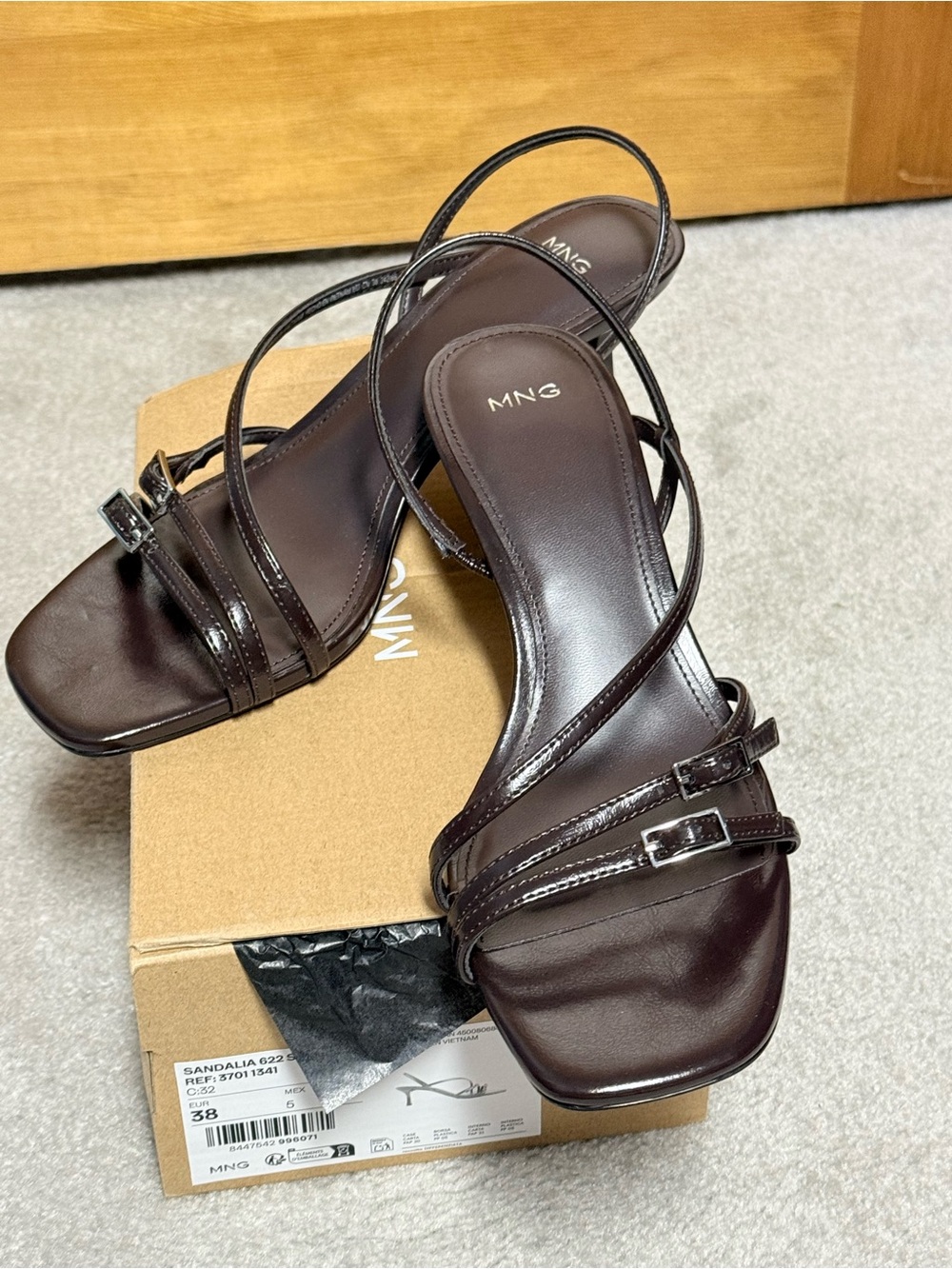 MANGO BROWN KITTEN HEEL SANDALS WITH STRAPS 7.5 7 NEW w/ box .NWOT - Picture 6 of 10